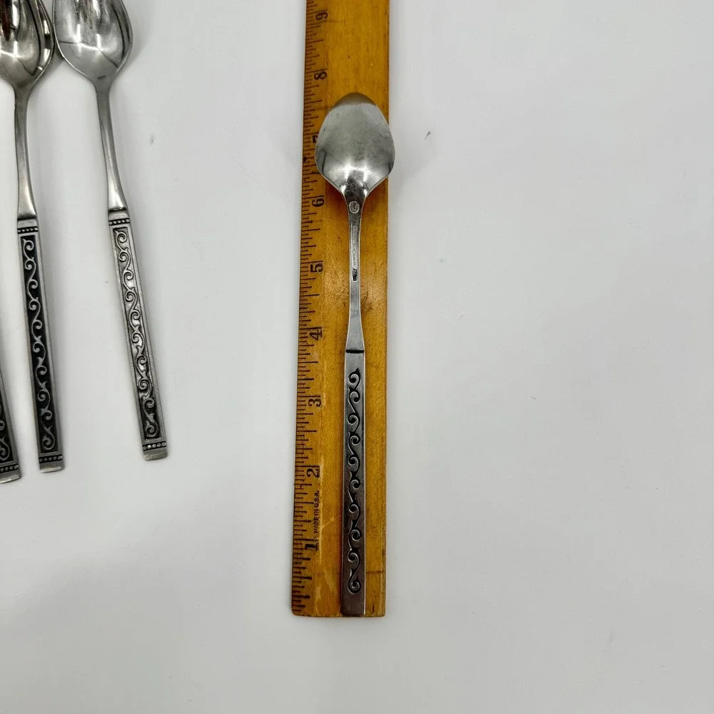 1881 Rogers Oneida Spanish Court Stainless Steel Set 6 Ice Tea Spoons 7 5/8